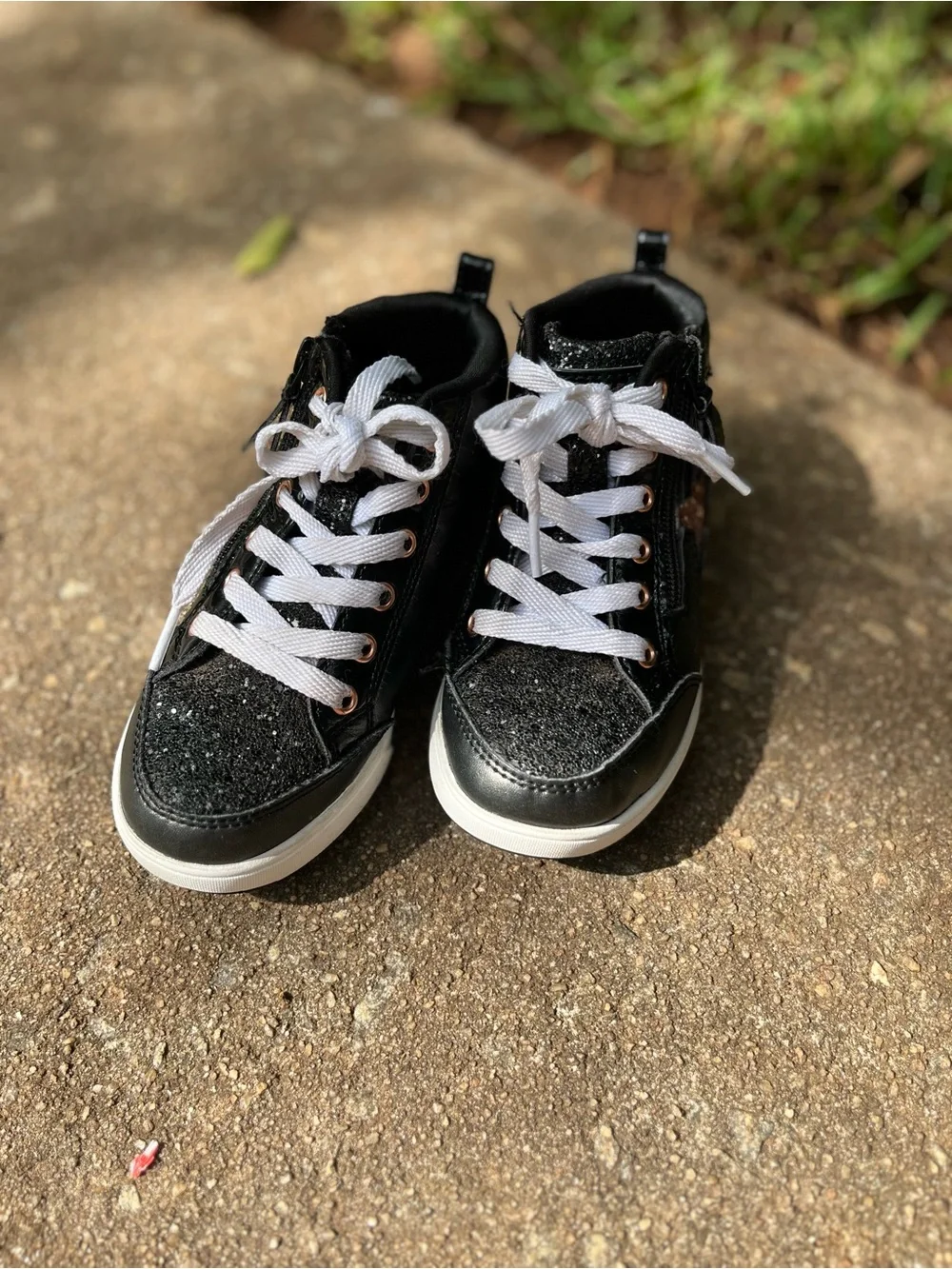 Skechers Kids Black High-Top Sneakers with Rose Gold Star Accents Size 12